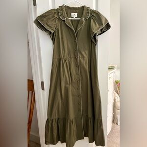Tuckernuck Olive Green Button-Front Midi Dress with Ruffle Trim